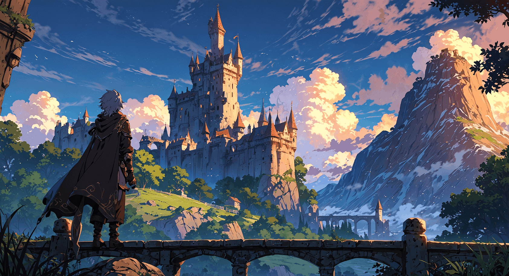 Anime-style illustration of a cloaked, white-haired character on a stone bridge looking at a huge castle at sunset, for the top 5 anime of October 2026